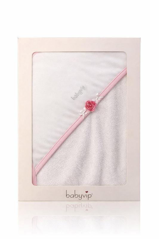 Accappatoio a triangolo in spugna con rosa e fiocchi scritta strass babyvip