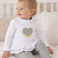 Completo: maglia a lupetto in bielastico garzato con ricamo cuore e balze + pantalone in ciniglia a pois
