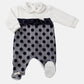 Tutina in ciniglia con inserto in tulle a pois in velluto, balza smerlata e nodino in velluto