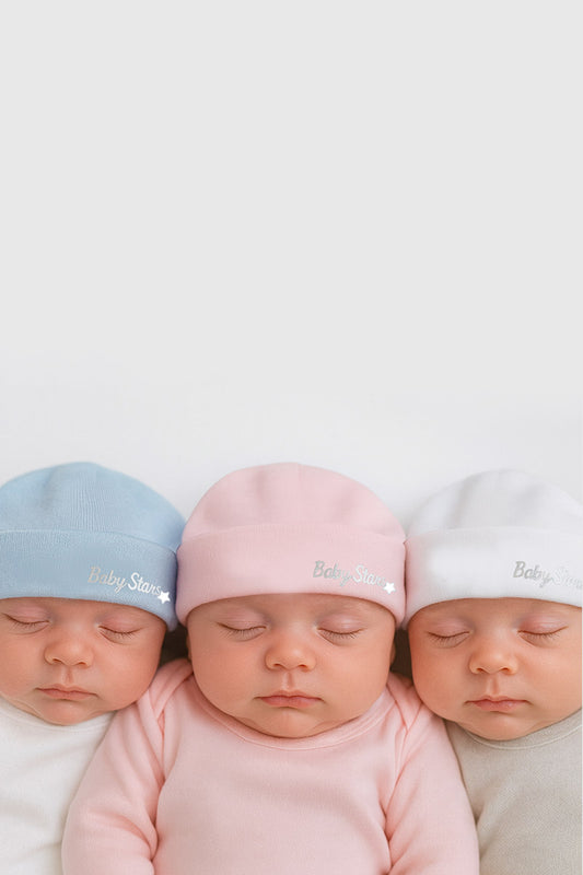 Cuffietta neonato e neonata in cotone caldo con risvolto e stampa silver