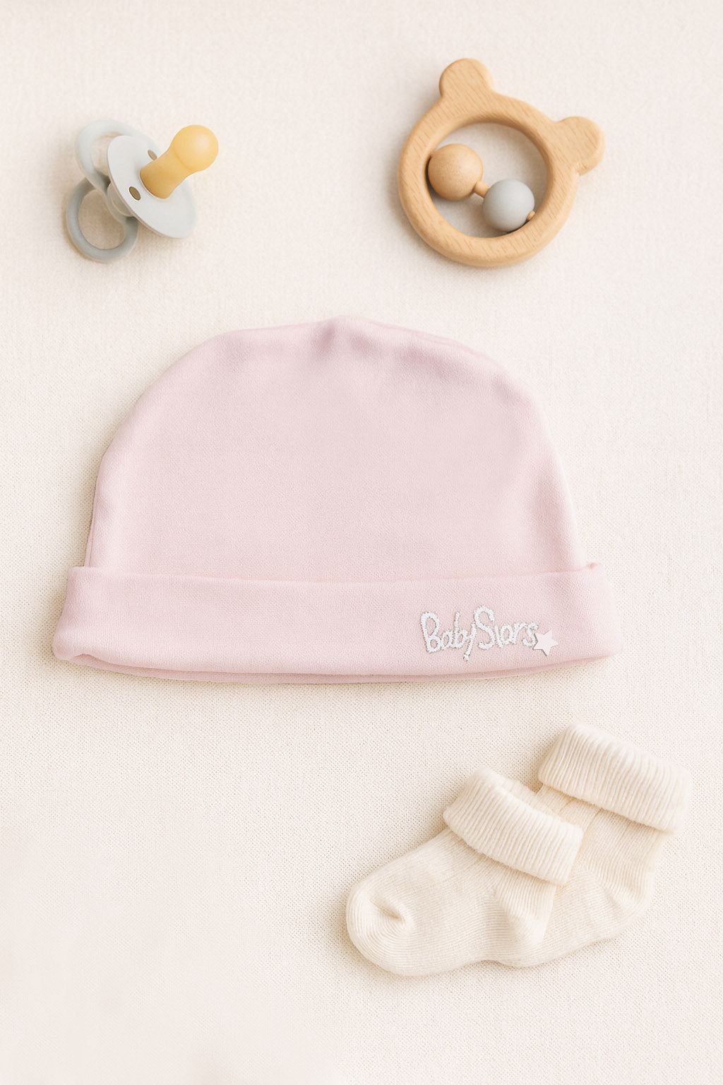 Cuffietta neonato e neonata in cotone caldo con risvolto e stampa silver