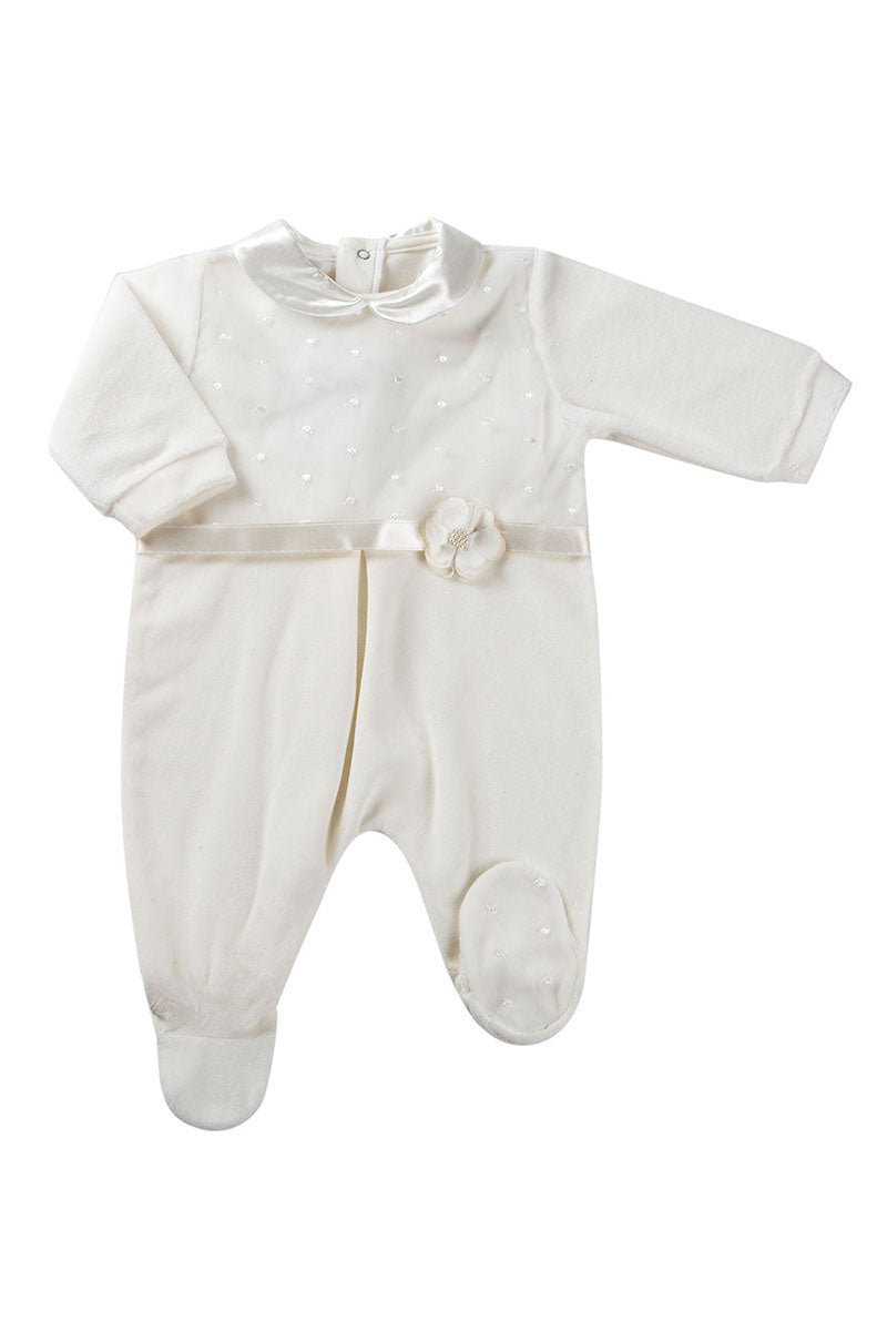 Tutina in ciniglia con inserto in tulle ricamato a pois - colletto e nastro in raso e fiocco