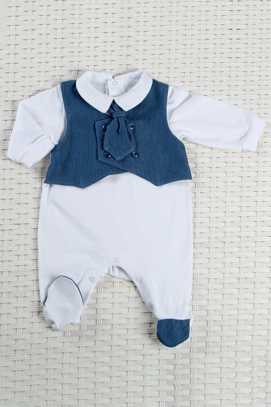 Tutina in cotone elasticizzato con gilet doppio petto applicato in tessuto gessato e cravattino