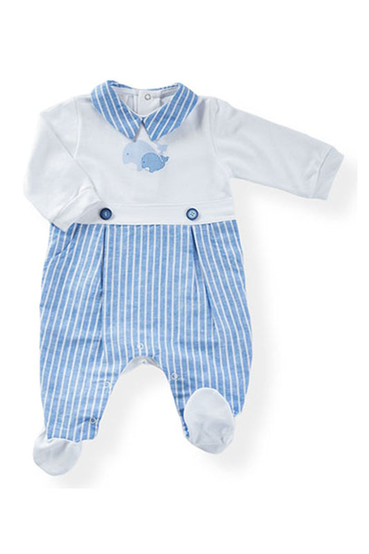 Tutina in cotone elasticizzato con stampa ed inserti in tela effetto lino rigati + bottoni e pence