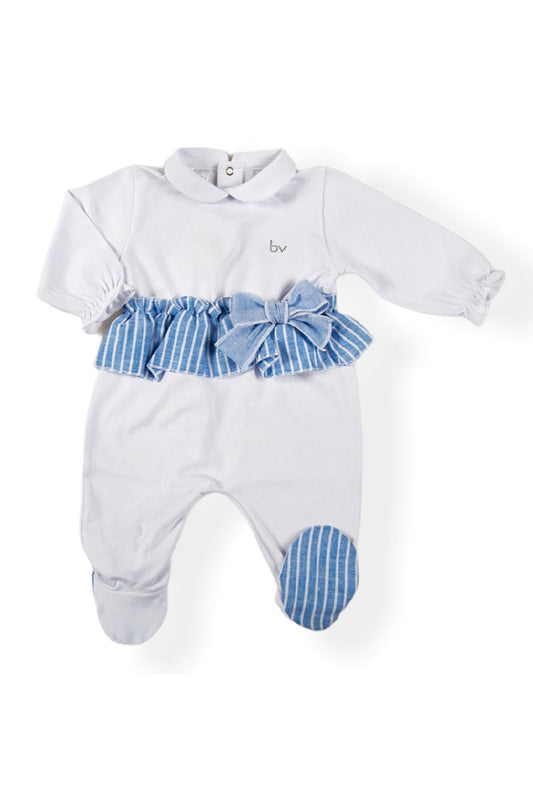 Tutina in cotone elasticizzato con inserti e balza in tessuto effetto lino rigato strass e fiocco