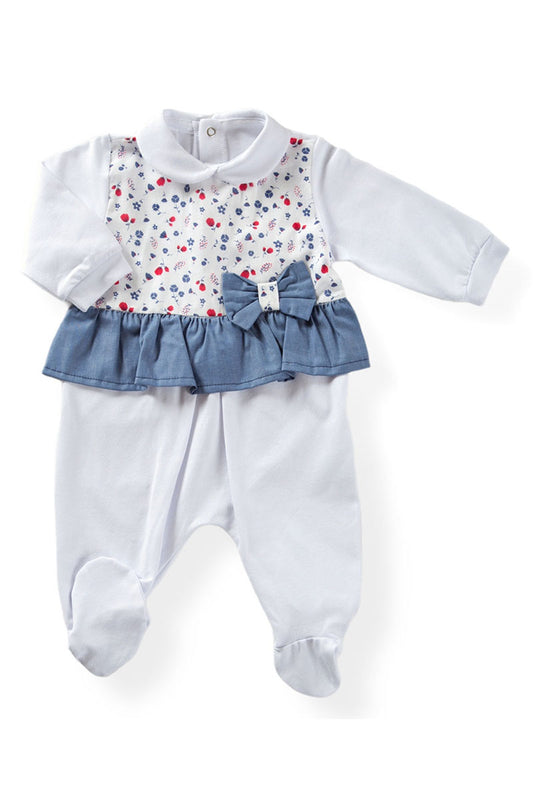 Tutina in cotone elasticizzato con inserto in tela fantasia floreale, fiocco e balza in tela jeans