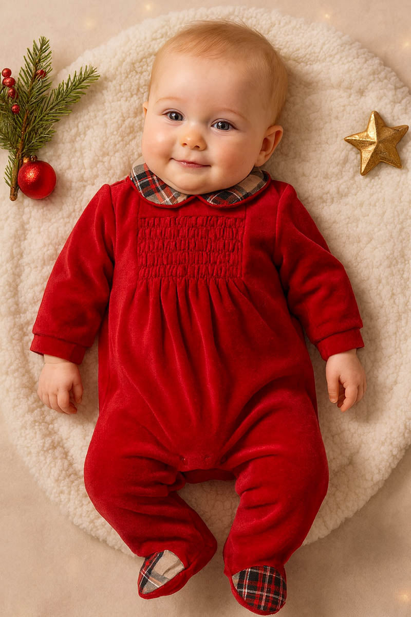 Tutina in ciniglia con punto smock ed inserti in flanella scozzese