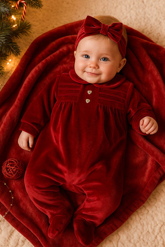 Tutina in velluto con elasticizzato con bottoni in madreperla a forma di cuore e taglio con arricciatura