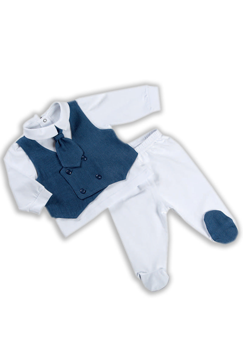 Completo in cotone elasticizzato con gilet doppio petto applicato in tessuto gessato e cravattino