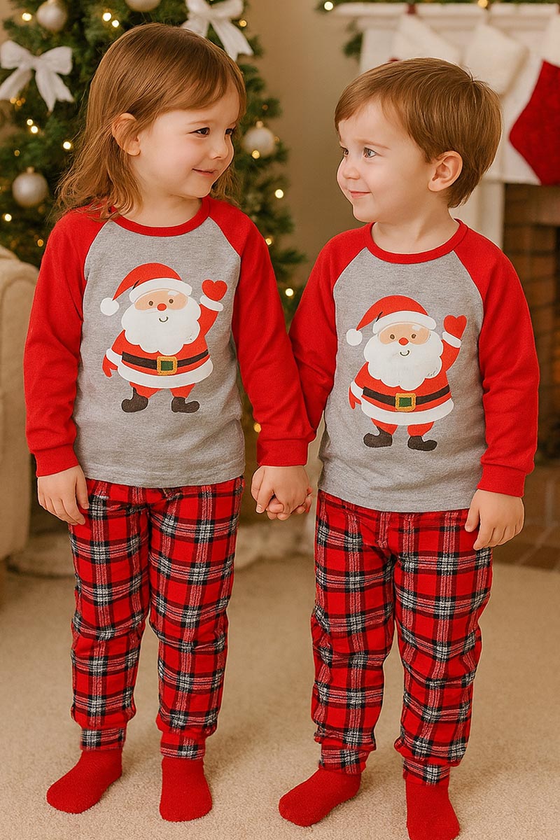 Pigiama bimbo/a in caldo cotone con maniche raglan, stampa e pantalone scozzese