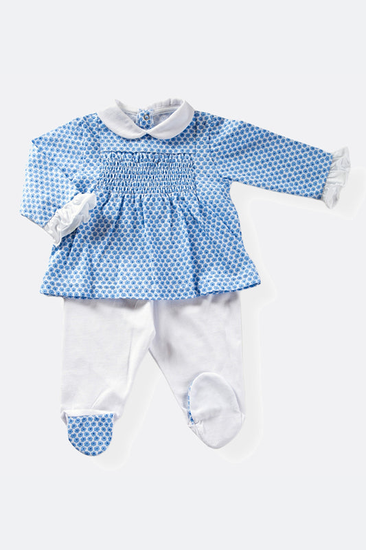 Completo 2 pezzi in cotone jersey con micro fantasia floreale punto smock e rouches fondo maniche