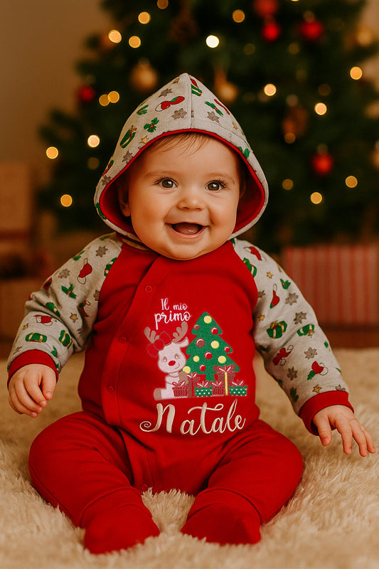 Tutone neonata/o in caldo cotone con stampa maniche raglan e cappuccio