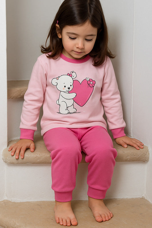 Pigiama in caldo cotone con stampa e scollo - pantalone in contrasto