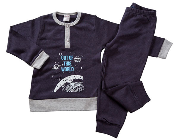 Pigiama in caldo cotone con stampa, fenda e bordi in contrasto