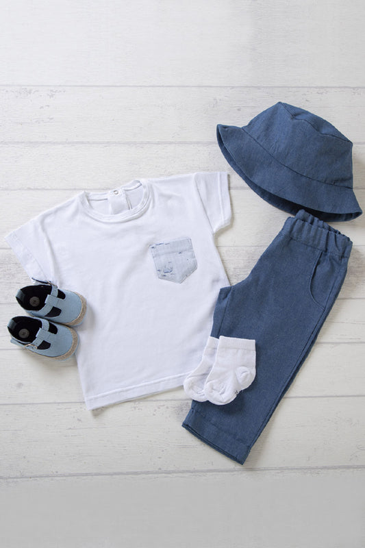 Completo 2 pezzi: T-shirt in cotone jersey con taschino in tela fantasia balene - Pantalone in tela jeans con tasche