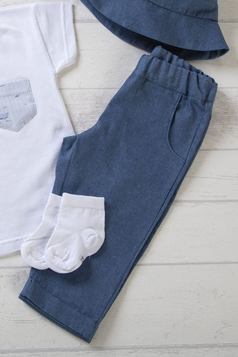 Completo 2 pezzi: T-shirt in cotone jersey con taschino in tela fantasia balene - Pantalone in tela jeans con tasche