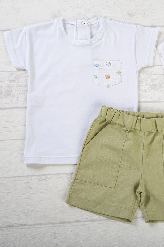 T-shirt mezza manica in cotone  jersey con taschino in mussola fantasia mare