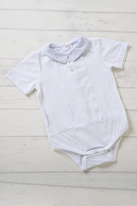 Body a camicia in jersey elasticizzato con colletto in tela di cotone goffrata millerighe con bottoni e pieghette