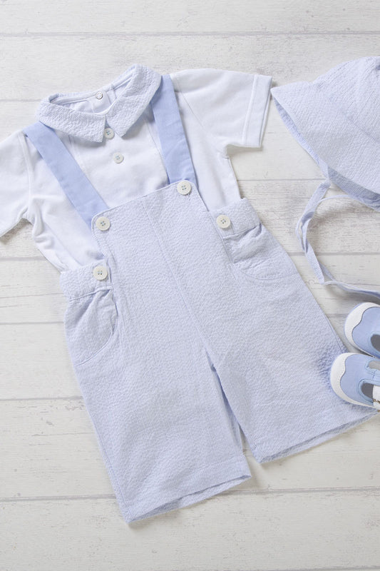 Body a camicia in jersey elasticizzato con colletto goffrato e Salopette in tela di cotone millerighe con bretelle in tela di cotone in contrasto
