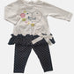 Completo manica lunga in cotone elasticizzato con stampa, balza e fiocco con leggings a pois