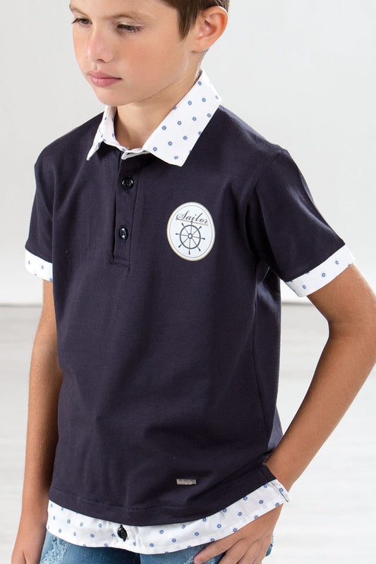 Polo in piquet con inserti finnta camicia in tela di cotone microfantasia e stampa laterale