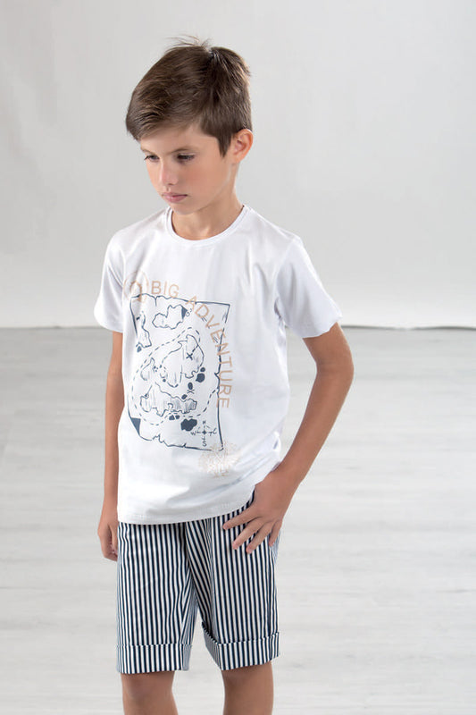 Completo mezza manica con bermuda rigati in cotone elasticizzato con stampe e risvolti