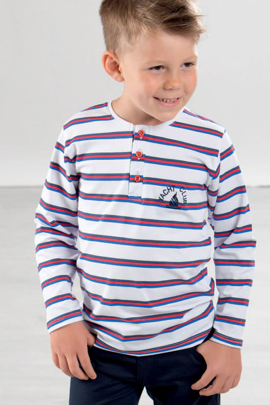 T-shirt manica lunga modello serafino in cotone elasticizzato rigato con ricamo laterale
