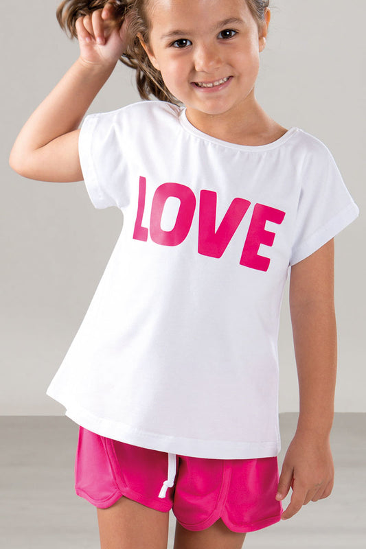 Completo: t-shirt in cotone con stampa e short in cotone elasticizzato in contrasto con coulisse e spacchi arrotondati