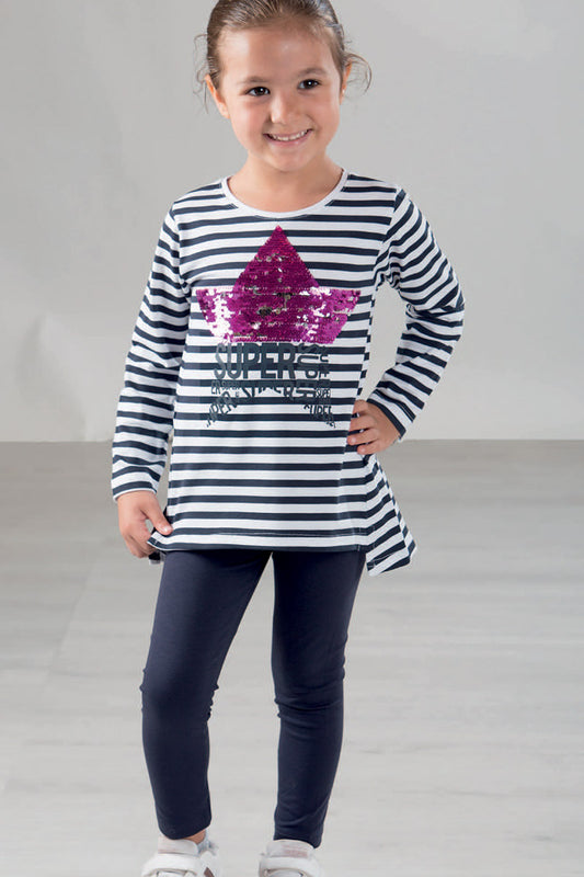 Completo manica lunga in cotone elasticizzato con maglia rigata, stampa con paillettes reversibili e spacchi sul fondo e leggings in contrasto