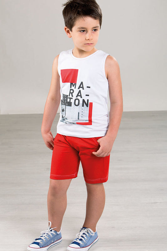 Completo mezza manica in cotone con stampa e pantaloncino in contrasto con tasche
