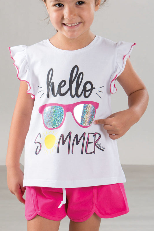 Completo in cotone con alette arricciate, stampa, applicazione effetto paillettes e short in cotone elasticizzato con spacchi