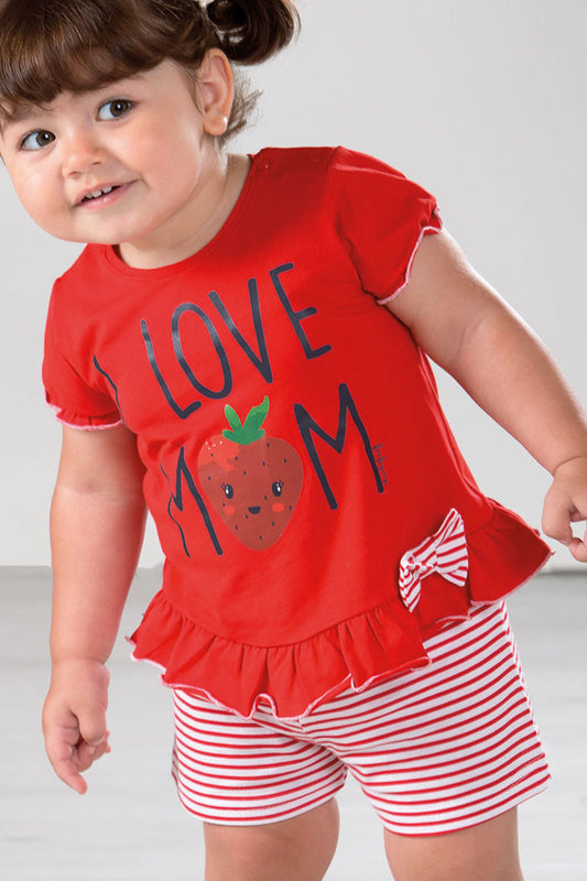 Completo mezza manica in cotone con stampa balza fiocco e short rigato