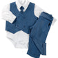 Completo 3 Pezzi: Body a camicia m/l in tela di cotone con cravattino staccabile + gilet doppio petto in tessuto gessato + pantalone con tasche e risvolti