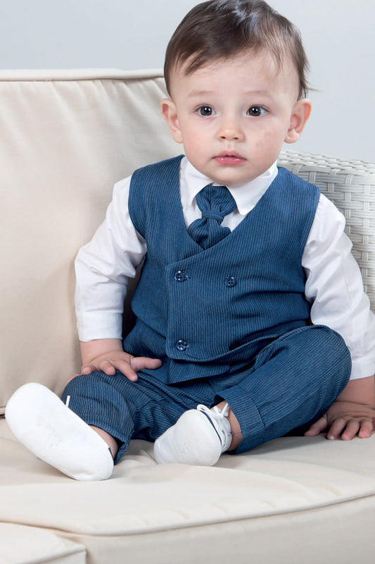 Completo 3 Pezzi: Body a camicia m/l in tela di cotone con cravattino staccabile + gilet doppio petto in tessuto gessato + pantalone con tasche e risvolti