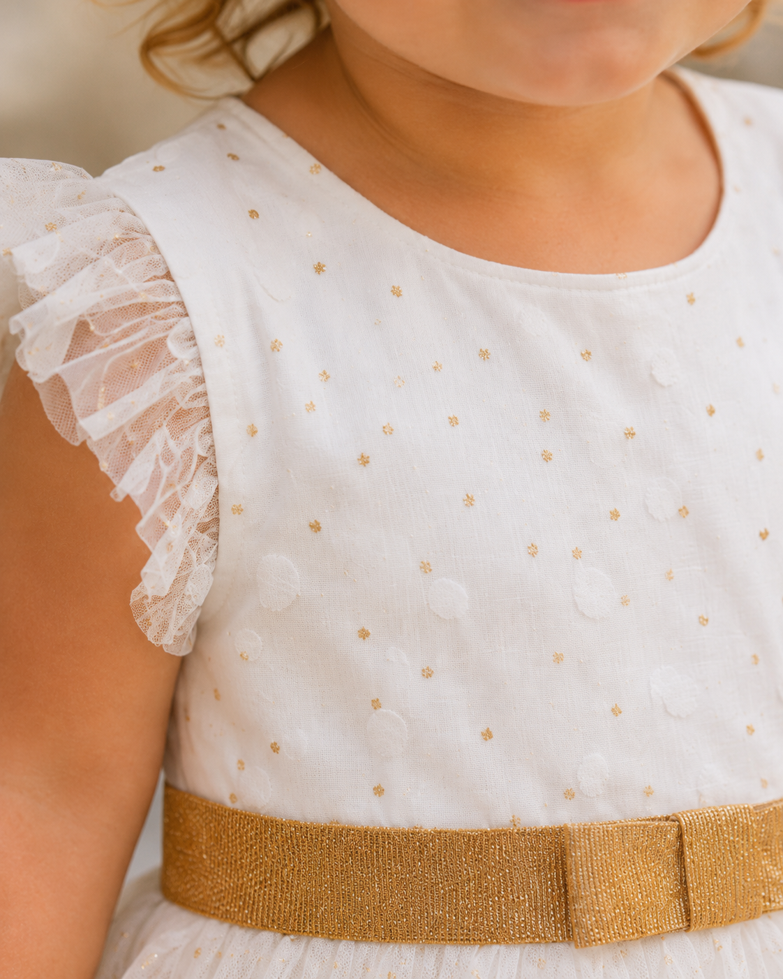 Vestitino in tela di cotone e tulle fantasia pois con glitter e Mutandina abbinata
