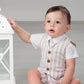Completo 3 pezzi : Camicia a body in tela di cotone con cravattino rigato + bermuda in tessuto effetto lino rigato e gilet