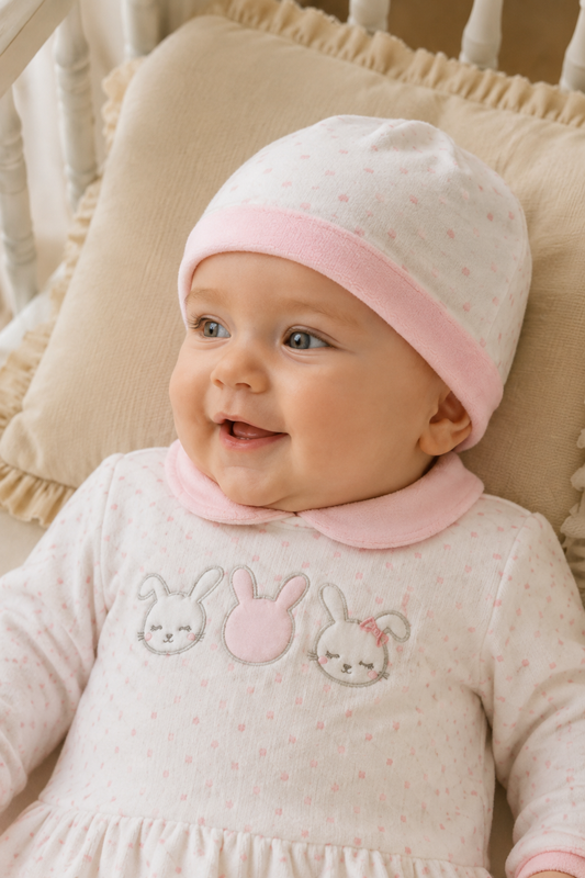 Cappellino in ciniglia a pois con fascia