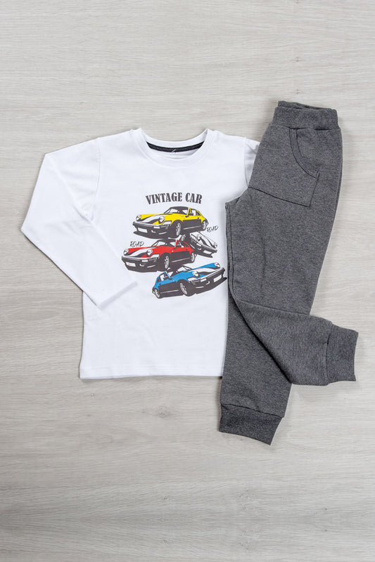 Completo: maglia in cotone con stampa e pantalone in felpa garzata con tascone
