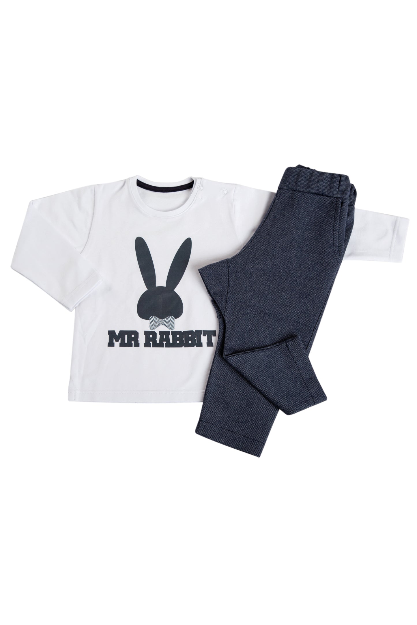 Completo 2 pezzi: Maglia in cotone elasticizzato garzato con stampa + pantalone effetto jeans