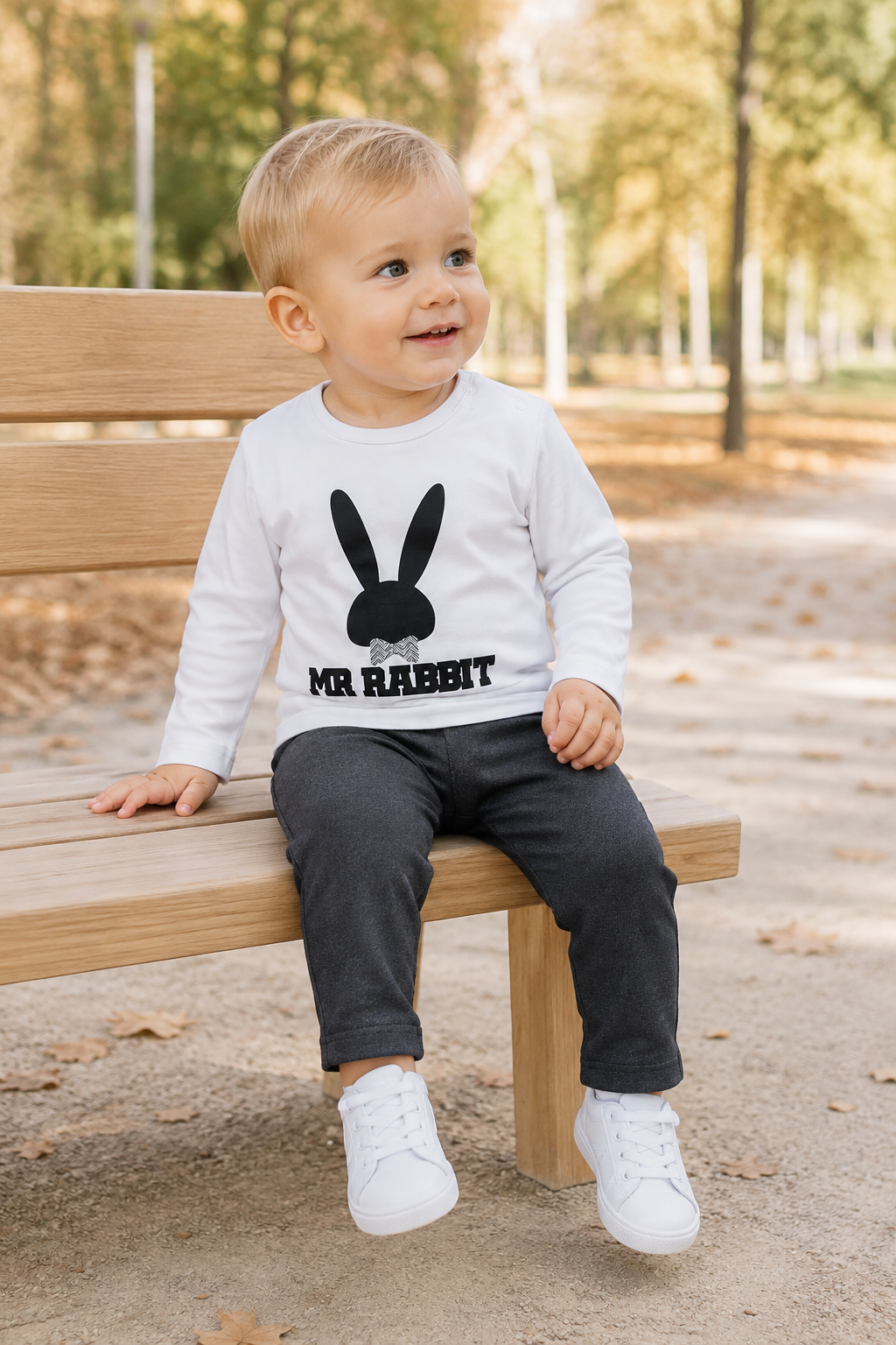 Completo 2 pezzi: Maglia in cotone elasticizzato garzato con stampa + pantalone effetto jeans