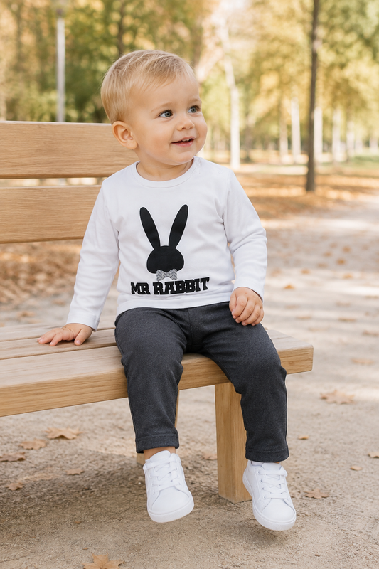 Completo 2 pezzi: Maglia in cotone elasticizzato garzato con stampa + pantalone effetto jeans