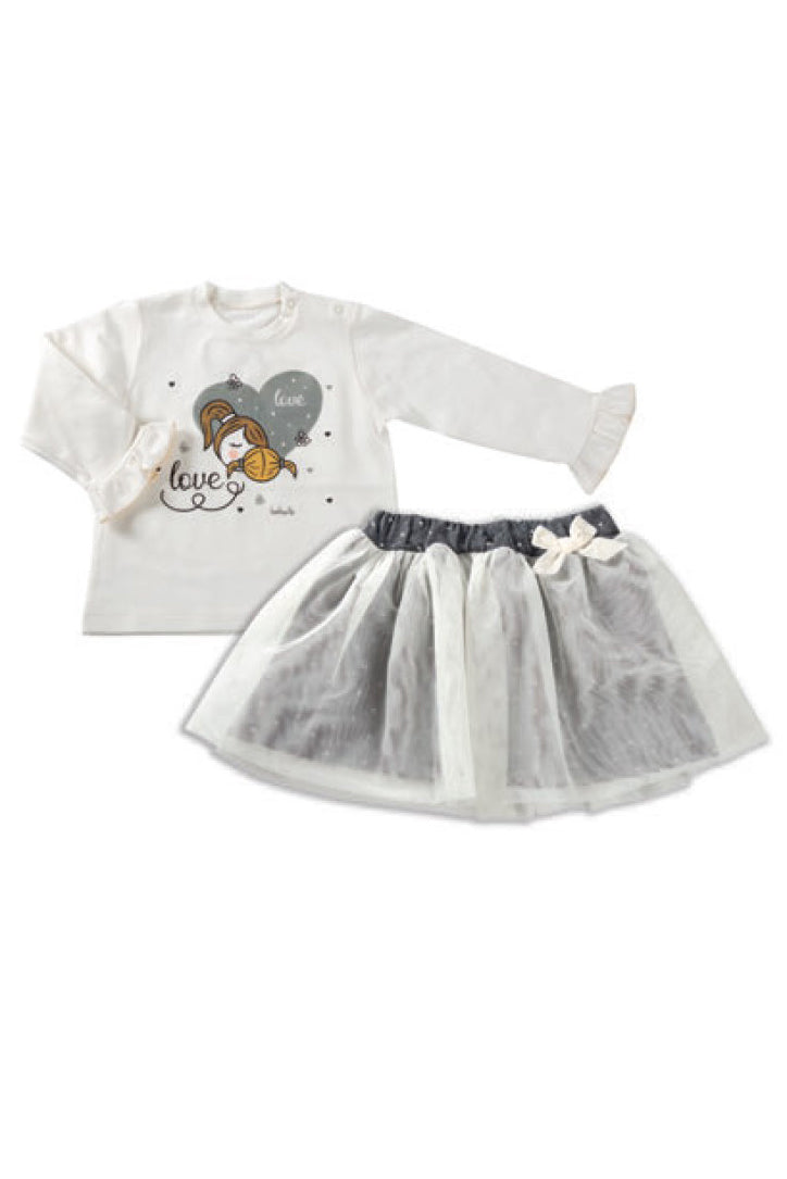 Completo 2 pezzi: T-shirt in cotone elasticizzato garzato con stampa - gonnellina tulle