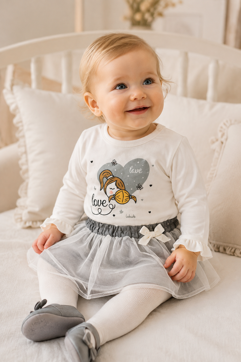 Completo 2 pezzi: T-shirt in cotone elasticizzato garzato con stampa - gonnellina tulle
