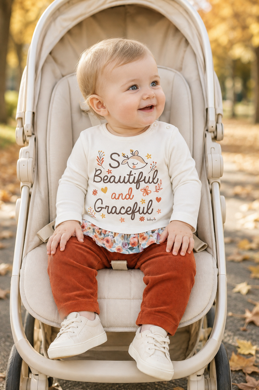 Completo 2 pezzi : Maglia in cotone elasticizzato garzato con stampa + pantalone in velluto a coste