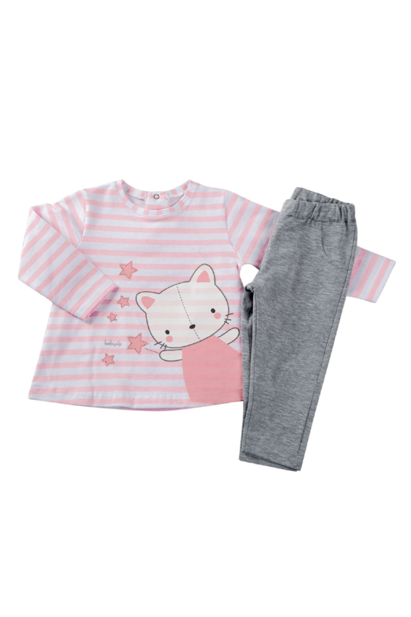 Completo 2 pezzi: Maglia in cotone elasticizzato garzato con stampa + leggings in cotone elasticizzato garzato