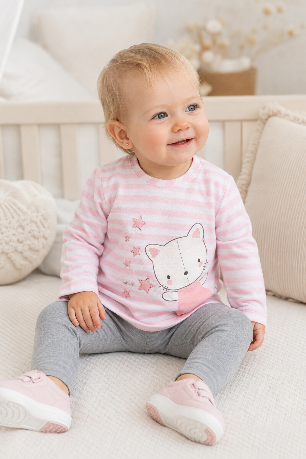 Completo 2 pezzi: Maglia in cotone elasticizzato garzato con stampa + leggings in cotone elasticizzato garzato