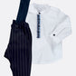 Completo 2 pezzi: Camicia in tela di cotone e Pantalone con bretelle in tessuto gessato modello con cavallo sceso e tasche