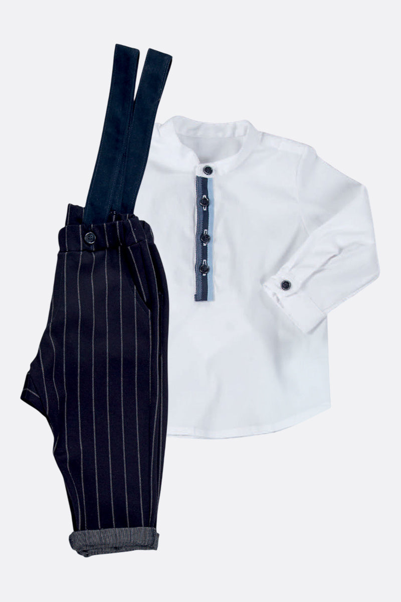 Completo 2 pezzi: Camicia in tela di cotone e Pantalone con bretelle in tessuto gessato modello con cavallo sceso e tasche