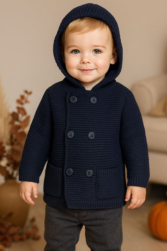 Cardigan in misto lana con cappuccio abbottonatura doppio petto e taschini