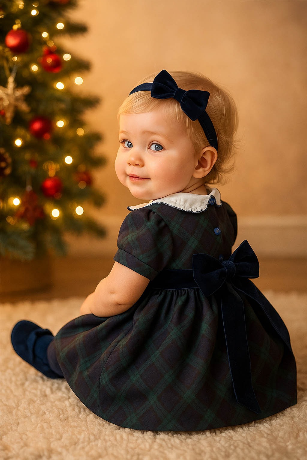 Vestitino in tessuto tartan con colletto tondo in tela di cotone con fiocco e maniche a sbuffo